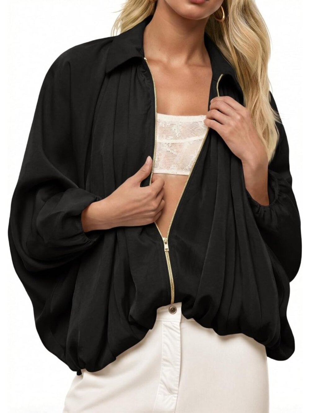 Womens Black Loose Oversized Lapel Collar Long Sleeve Zip Up Bomber Jacket